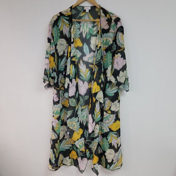 LuLaRoe Black Floral Sheer Kimono Sz L Waterfall Open Lightweight Boho Summer - Picture 1 of 9